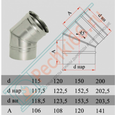Отвод 45° без изол (НЕРЖ-321/0,5) d-115 (Дымок-Lux)